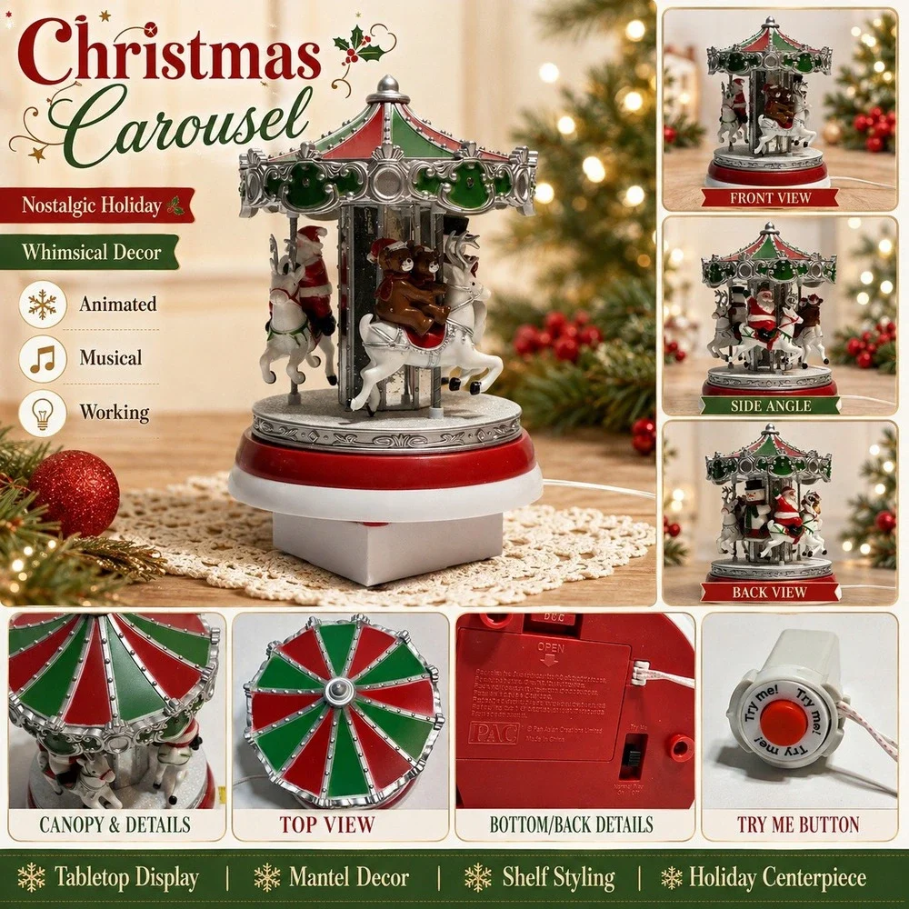 PAC Christmas Carousel Red Green Silver Santa Reindeer Musical Animated Works